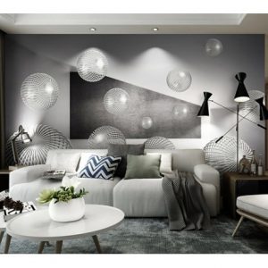 Décoration murale effet de perspective avec sphères dans salon
