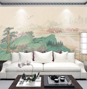 Peinture asiatique ton vert paysage zen maison dans la montagne avec arbres en fleurs