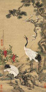 Peinture asiatique avec grues et idéogrammes figurant sur une tapisserie