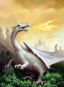 Dragon blanc avec des ailes crachant du feu