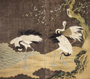 Papier peint japonais issue d'une peinture intitulée Les grues sous l'arbre de mei au bord de l'eau