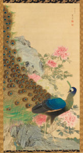 Peinture traditionnelle japonaise intitulée : Le paon sur le rocher avec les pivoines