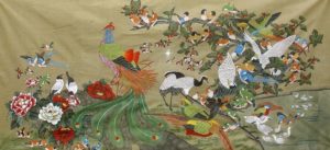 Peinture asiatique sur soie avec phenix et 100 oiseaux