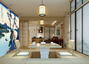 Tatami dans une pièce de thé d’un séjour avec tapisserie issue d’une peinture japonaise « le lac Suwa »