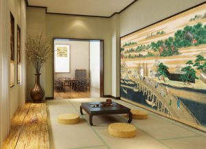 Tatami à l’entrée d'une habitation avec tapisserie issue d’une peinture japonaise « Les villageois sur le pont »