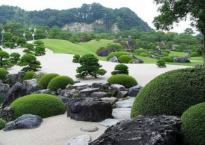 Jardin japonais avec sable et végétaux en taille bonsai et zen