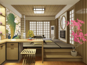 Tatami dans un séjour avec tapisserie issue d’une peinture japonaise « Les paons et le cerisier »