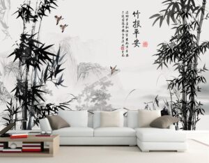 Papier peint asiatique, paysage issu du poème bambou et rocher de Zheng Xie