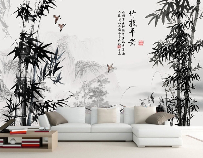 Papier peint asiatique de Zheng Xie avec bambous et idéogrammes chinois, peinture à l'encre de chine en noir et blanc